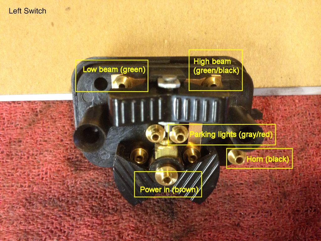 Connections at the front of a modern replacement (non-original) solder required switch as sold by MG Cycle.