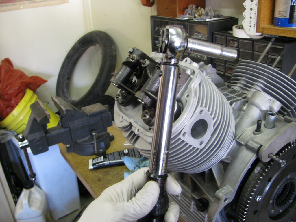 The exhaust valve components in place, ready to torque the bolts that secure the rocker arm in place.