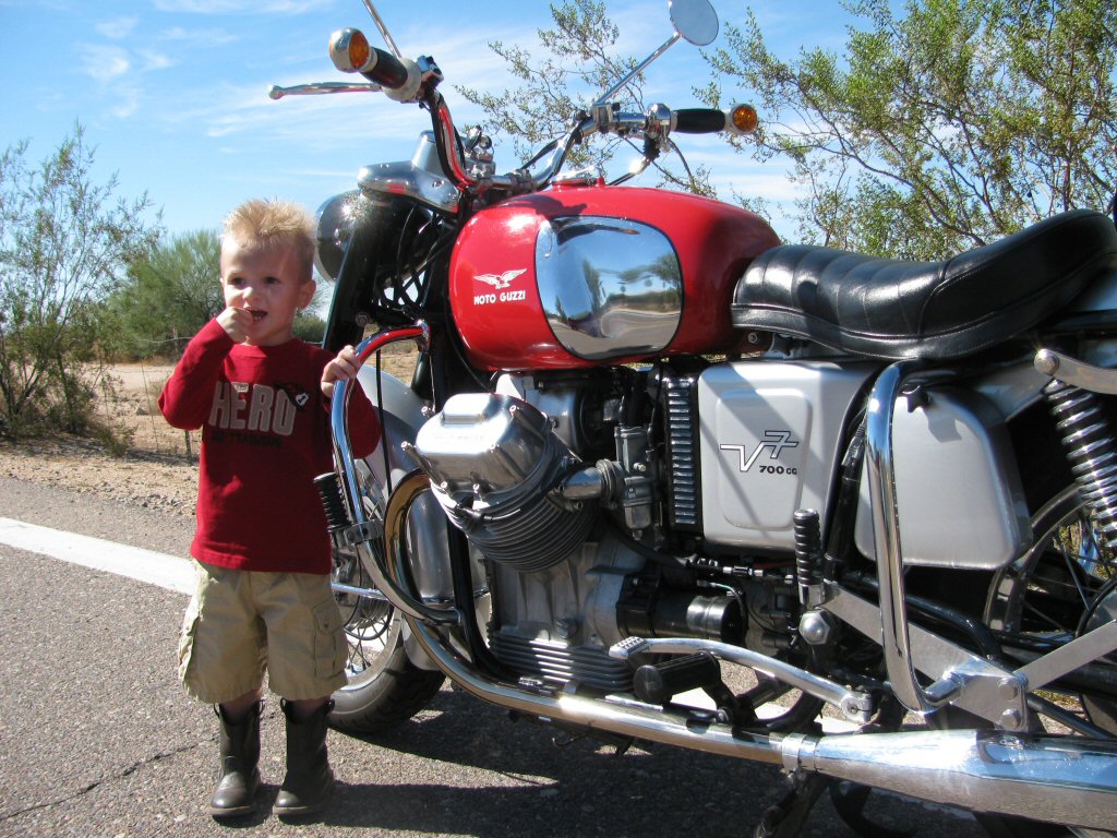 Robert Scharf's Moto Guzzi V700 with Abraham Zane Bender.