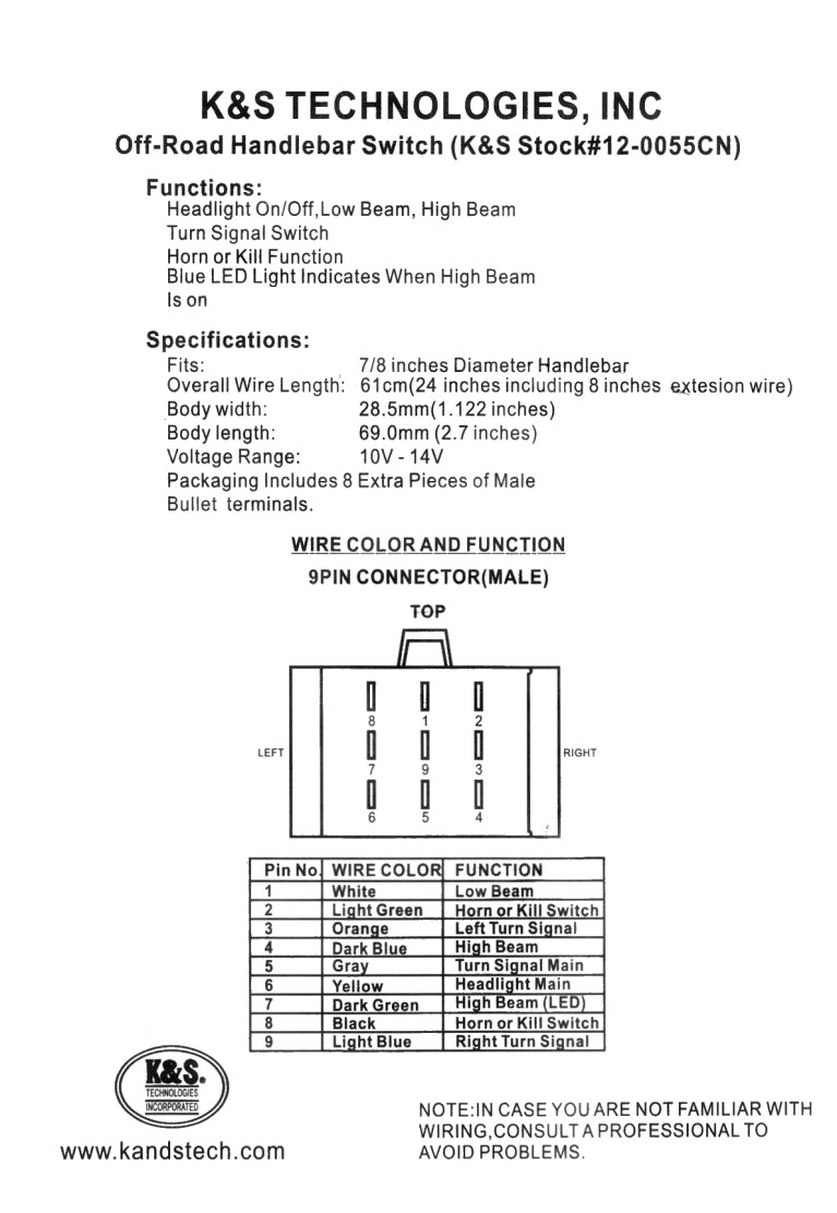 K&S 12-0055CN universal handlebar switch: instruction sheet packaged with the switch.